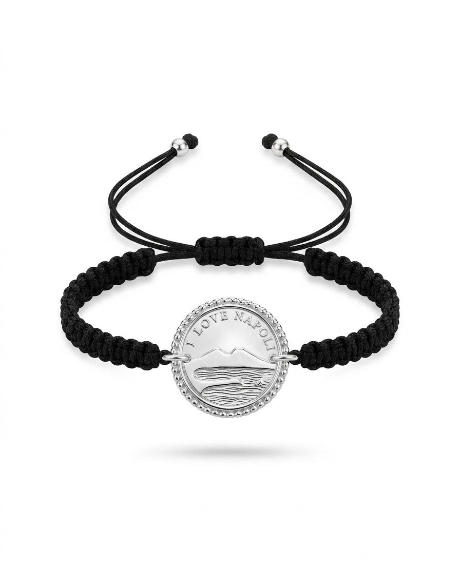 Bracciale con medaglia moneta in argento 925 con panorama di Napoli e Vesuvio - collezione Napoli Treseinove artigiani Borgo Orefici