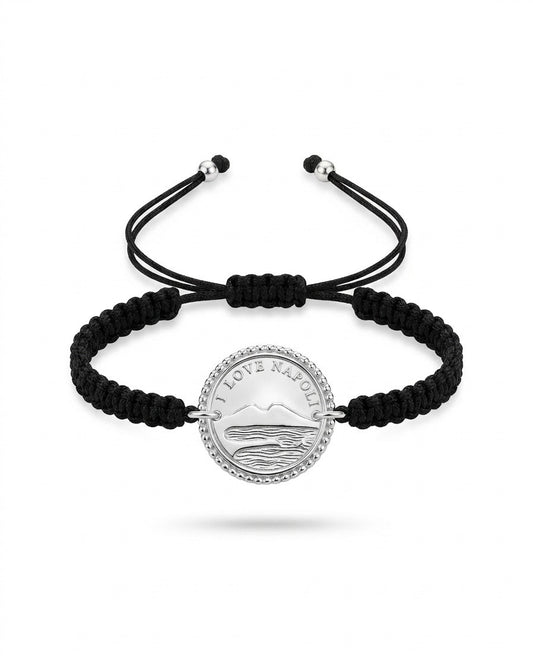 Bracciale con medaglia moneta in argento 925 con panorama di Napoli e Vesuvio - collezione Napoli Treseinove artigiani Borgo Orefici