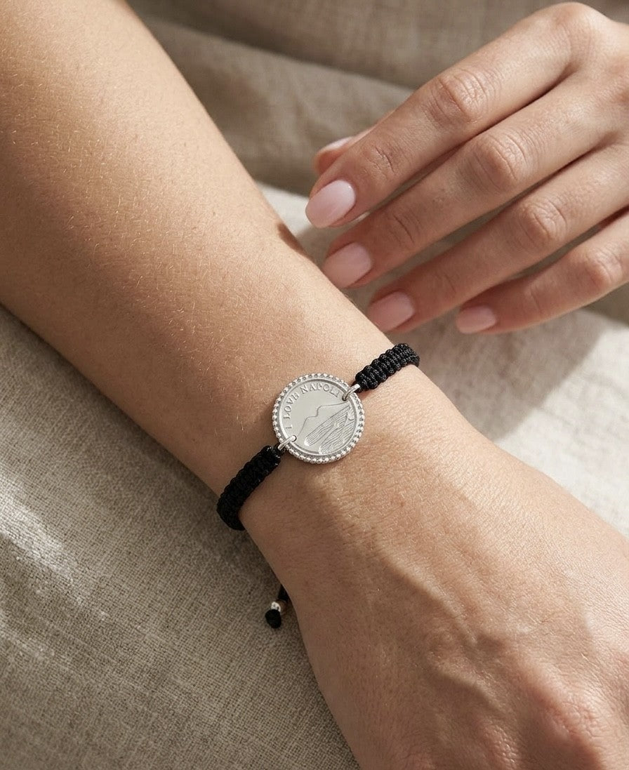 Bracciale con medaglia moneta in argento 925 con panorama di Napoli e Vesuvio - collezione Napoli Treseinove artigiani Borgo Orefici